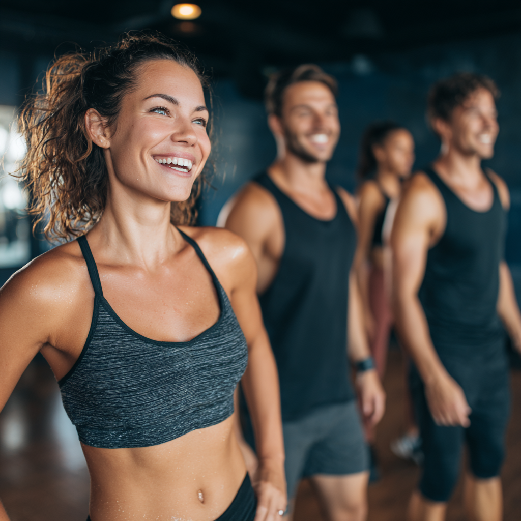 Happy energetic European fitness enthusiast in their 30s smiling while working out in a modern gym, realistic photography style