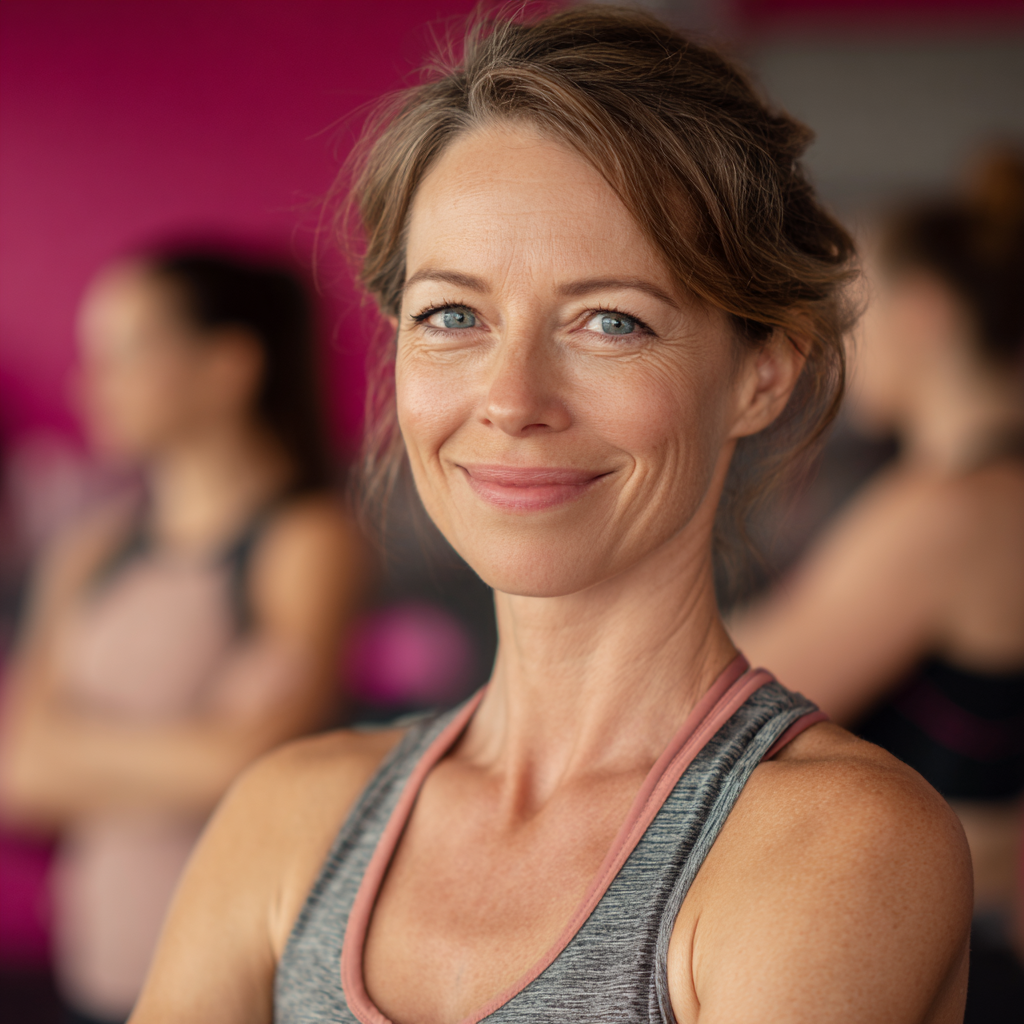 Relaxed European person in their 30s enjoying post-workout recovery session with a peaceful smile, realistic wellness photography style